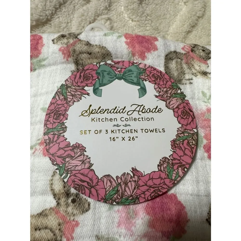 SA Easter Bunny Floral White Pink Muslin Cotton Tea Kitchen Towels Set of 3